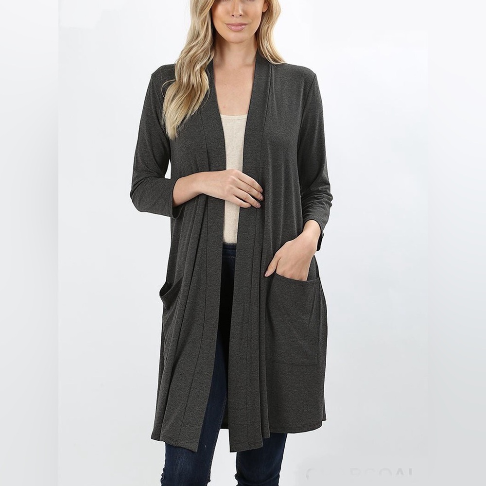 Active USA Long Open Front Cardigan in Charcoal E